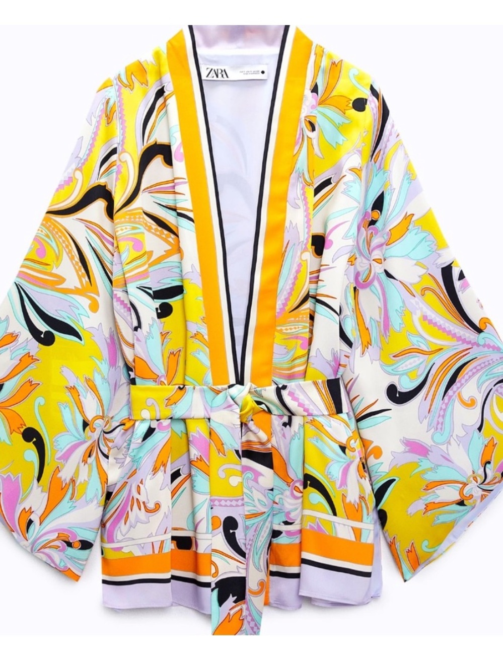 Zara Yellow Multicolor Floral Satin Kimono Robe